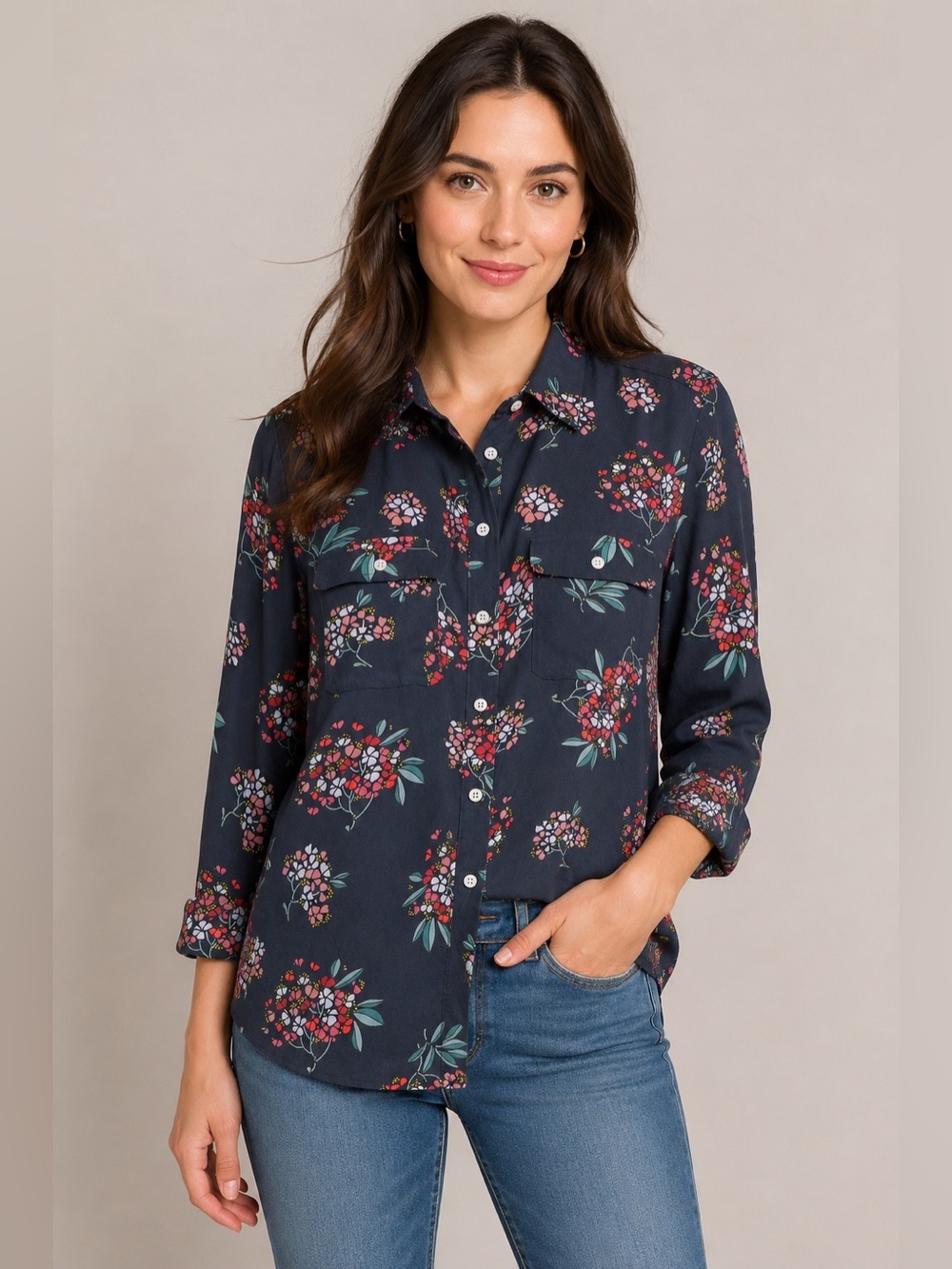 LOFT Button Up Shirt Gray Pink Floral Hydrangea Print Long Sleeve Size L